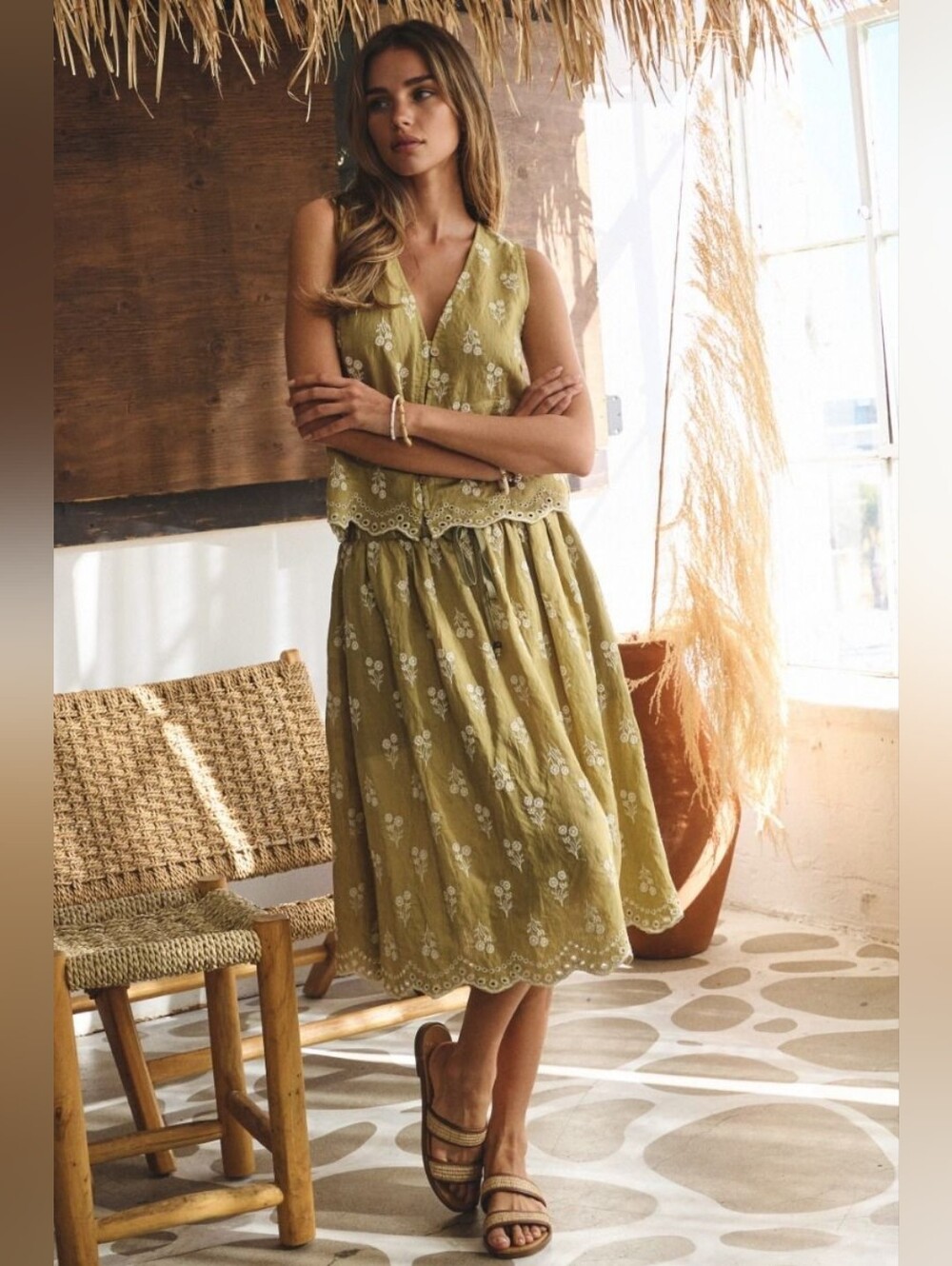 P7-0509 Olive Embroidered Eyelet Sleeveless Top And Skirt Set - Boho V-Neck